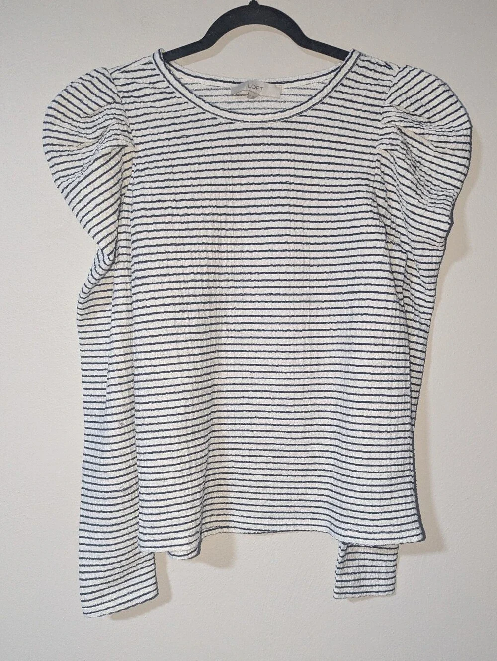 M LOFT Navy & White Striped Puff Sleeve Long Sleeve Top
